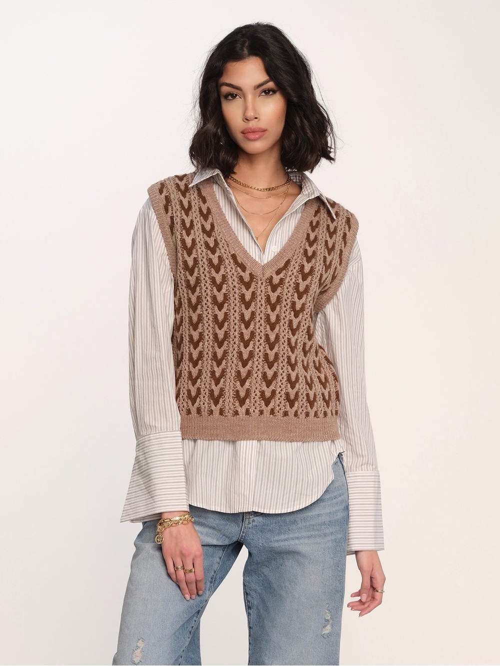 Heartloom Phoenix Vest V-Neck Rib Trim Knit Tank Top Herringbone Print Mocha